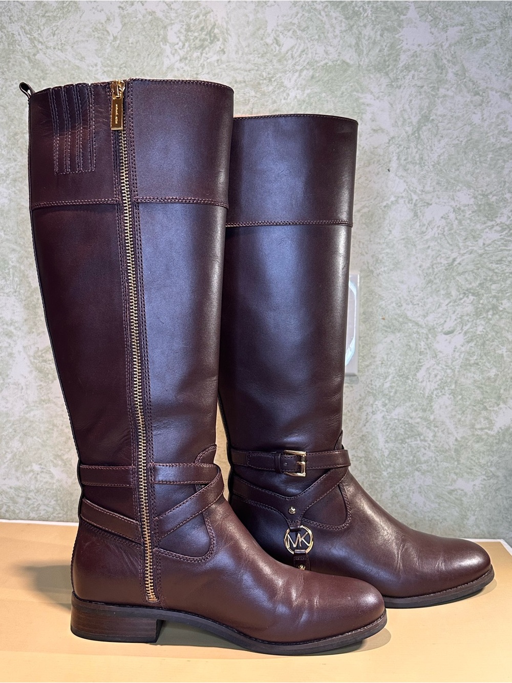 Michael Kors Fulton Harness Brown Leather Tall Riding Boots Gold MK Logo Sz 6 - Picture 3 of 8